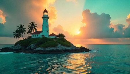 Island lighthouse against sunrise sky reflecting on calm seaの写真素材