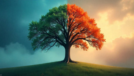 Tree of two seasons on hill, surreal landscapeの写真素材