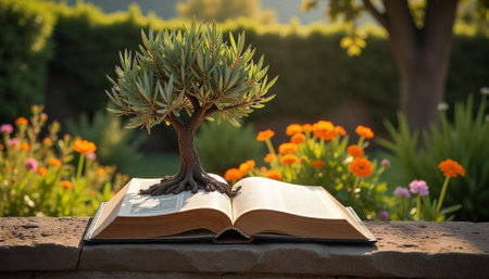 Small tree growing from book in bright garden settingの写真素材