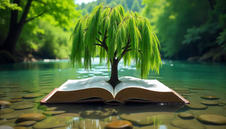 Tree growing from a book in a serene riverの写真素材