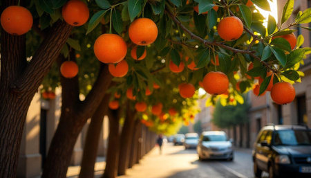 Orange trees line European street with cars driving belowの写真素材