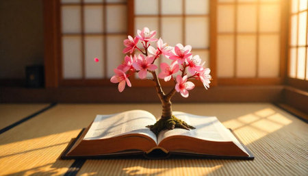 Cherry blossom bonsai on an open book in sunlight