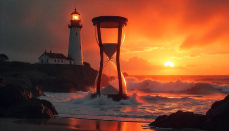 Lighthouse hourglass ocean sunset representing passage time