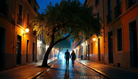 Couple walking down a charming cobblestone street at nightの写真素材