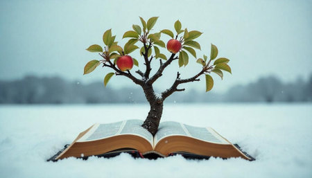 Tree grows from book on snowy ground, winter scene