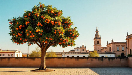 Orange tree in full fruit bearing in a cityscapeの写真素材