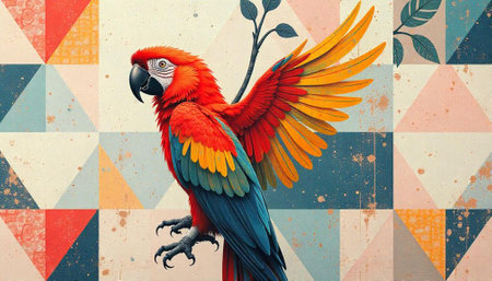 Vibrant Parrot with Geometric Background Art Print Designの写真素材