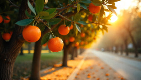 Vibrant orange tree avenue glowing in warm sunlightの写真素材