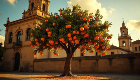 Abundant orange tree near historic buildings on sunny day