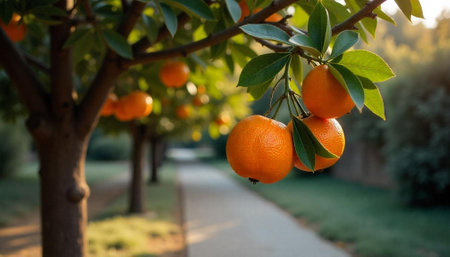 Abundant orange tree with ripening fruit in the parkの写真素材