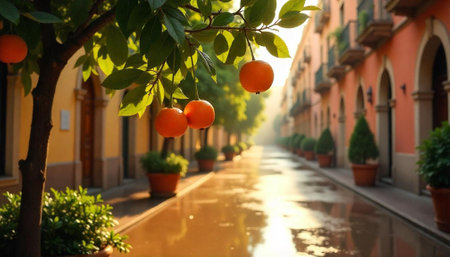 Fresh oranges in sunlight on rainy european streetの写真素材