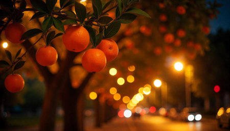 Vibrant orange trees illuminate a city street at nightの写真素材