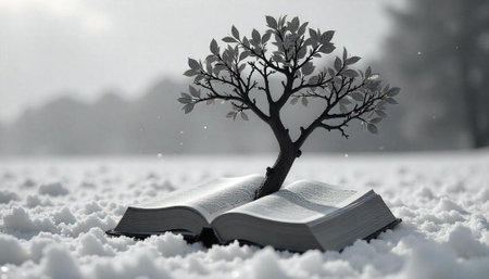 Tree growing from open book on snowy landscapeの写真素材