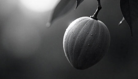 Monochrome tropical fruit hanging with water droplets close upの写真素材