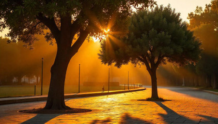 Golden sunlight illuminating trees along a paved park path
