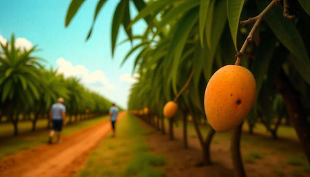 Ripe mango hanging in orchard with blurry peopleの写真素材
