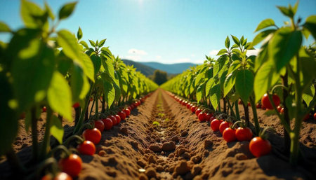 Tomato plants growing in a symmetrical row under sunlightの写真素材