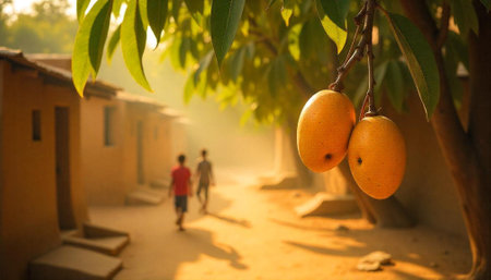 Tropical fruits hang from a tree in village setting