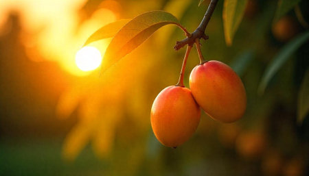 Close-up of Plums Hanging with Sunlit Backgroundの写真素材