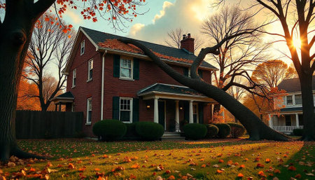 Autumnal house facade with leaves and a fallen treeの写真素材