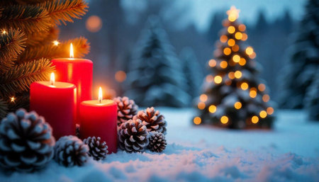 Red candles and pinecones on snowy winter sceneの写真素材