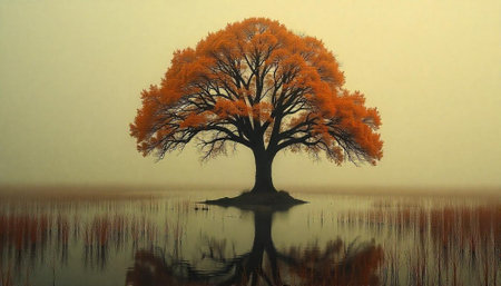 Solitary autumn tree reflecting in tranquil waterscape sceneの写真素材