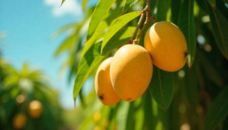 Ripe golden mangoes hanging on tree branch in sunlight