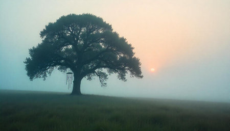 Solitary tree on misty field at sunrise with wind chimesの写真素材
