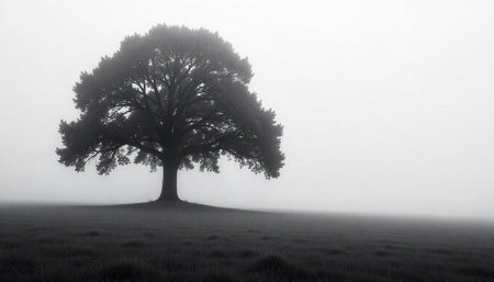 Lonely tree in a field obscured by heavy fog