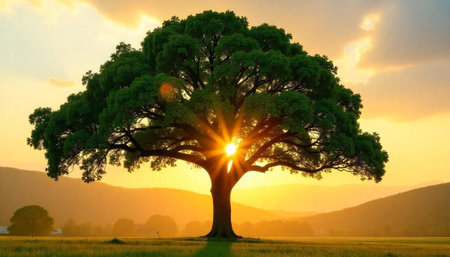 Majestic tree bathed in golden sunlight at sunset