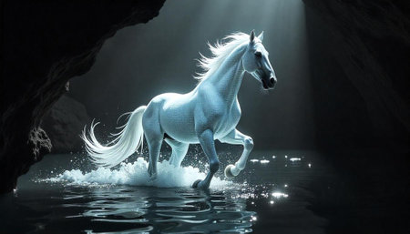 A majestic white horse emerges from a dark caveの写真素材