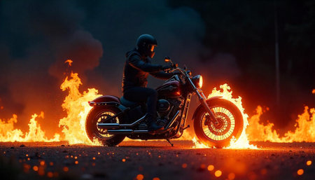 Motorcycle rider surrounded by fire flames at nighttime sceneの写真素材