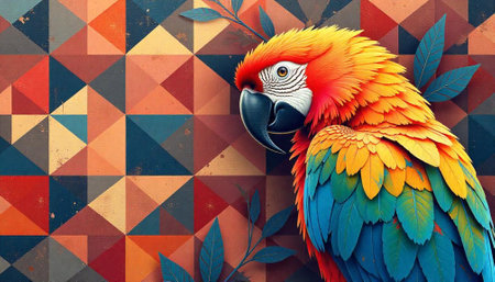 Colorful parrot illustration against geometric backdrop for vibrant designsの写真素材