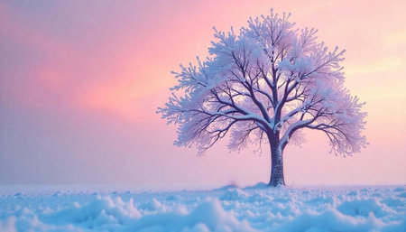 Lone snowy tree against soft pastel winter sky landscapeの写真素材
