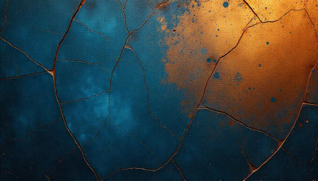 Abstract crackled texture background with blue and gold gradientの写真素材