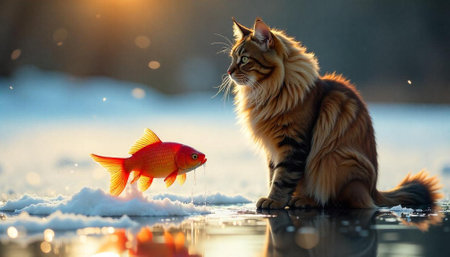 Contemplative Cat Stares at Goldfish in Surreal Winter Sceneの写真素材