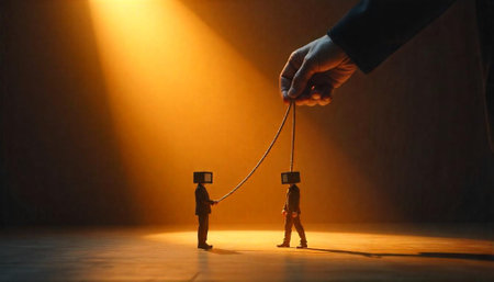 Abstract puppet master controlling two TV-headed figures relationshipの写真素材