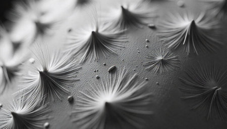 Abstract spiky dandelion seeds in monochrome macro photographの写真素材