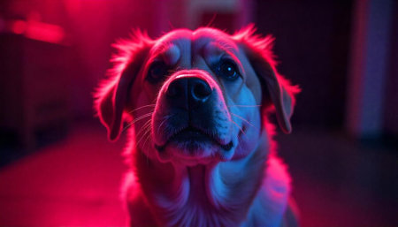 Portrait of dog illuminated with neon pink and blue lightsの写真素材