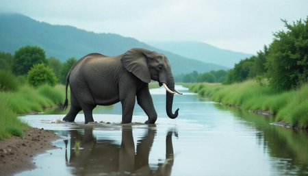 Elephant wading in the river surrounded by nature sceneryの写真素材