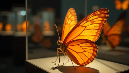 Close up of an orange butterfly under glass displayの写真素材