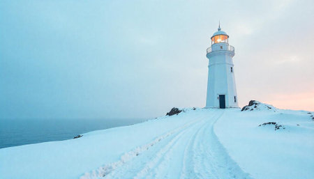 White lighthouse in winter landscape, snowy coast, tranquil sceneの写真素材