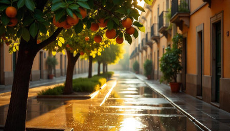 Rainy day street view of citrus trees in Sevilleの写真素材