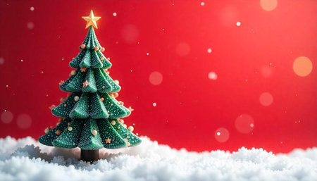 Stylized Christmas tree on snow with festive red backgroundの写真素材