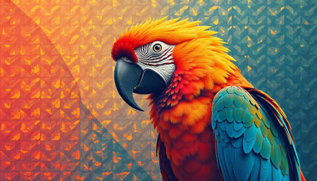 Colorful parrot portrait with orange geometric background pattern designの写真素材