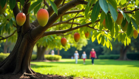 Mango tree with ripe fruit in a green parkの写真素材