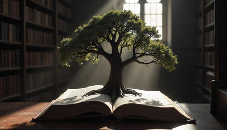 Tree growing from book in library with sun rays