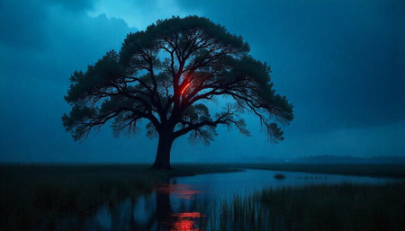 Lone tree silhouette with water reflection on foggy backgroundの写真素材