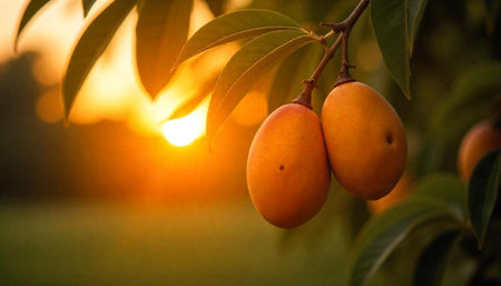 Golden fruit hanging on tree at sunset close up
