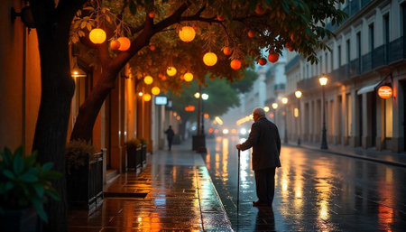 Man walks on a wet street during a light rainの写真素材